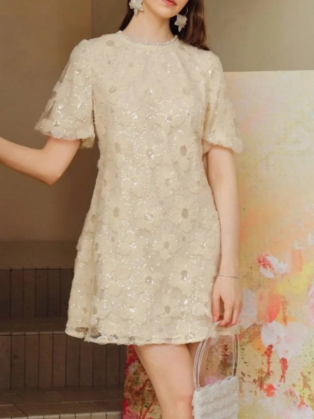 Cream Sequin Floral Applique Mini Dress with Puff Sleeves